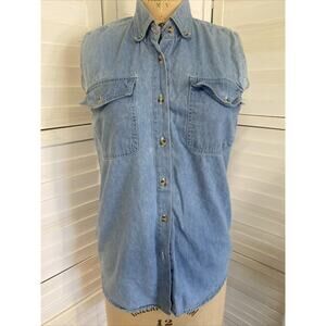 Vintage Women's Sleeveless 100% Cotton Blue Denim Shirt Prairie Top Size Small